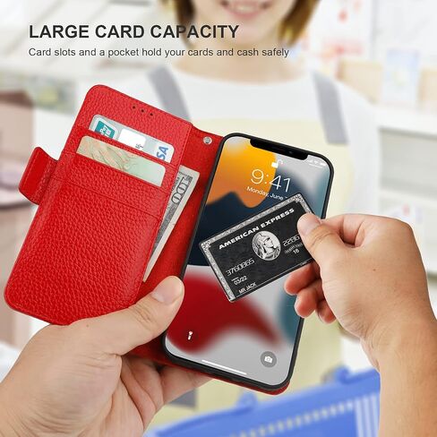 حافظة محفظة Bocasal لهاتف iPhone 13 5G، حافظة من الجلد الطبيعي تدعم الشحن اللاسلكي RFID وحامل فتحات للبطاقات، غطاء فوليو قابل للطي مع حزام معصم 6.1 بوصة (أحمر) in Kuwait