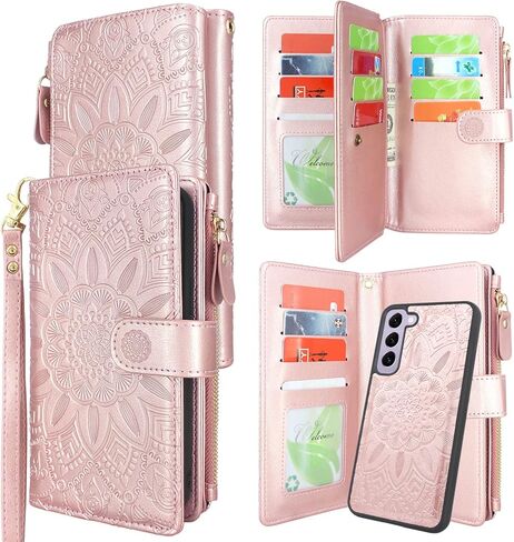 Harryshell Detachable Magnetic Zipper Wallet Leather Case with Cash Coin Pocket 12 Card Slots Holder Wrist Strap Lanyard for Samsung Galaxy S23 5G (2023) (Flower Black) in Kuwait