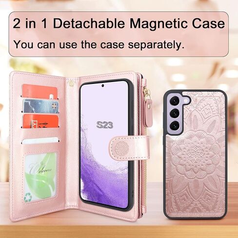 Harryshell Detachable Magnetic Zipper Wallet Leather Case with Cash Coin Pocket 12 Card Slots Holder Wrist Strap Lanyard for Samsung Galaxy S23 5G (2023) (Flower Black) in Kuwait