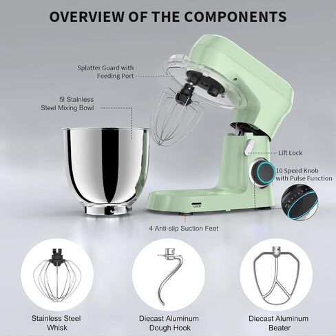 Stand Mixer, Dough Mixer, Cake Mixer, Kitchen Mixer with Bowl SS 5.5 QT, 450W Copper Motor, Standing Mixer with Beater, Dough Hook, SS Egg Whisk (450W Cream) in Saudi Arabia