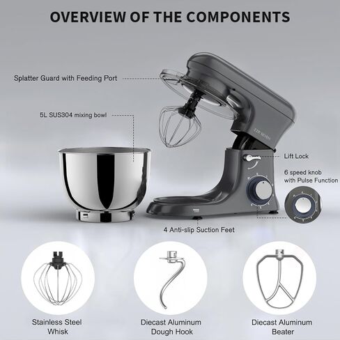 Stand Mixer, Dough Mixer, Cake Mixer, Kitchen Mixer with Bowl SS 5.5 QT, 450W Copper Motor, Standing Mixer with Beater, Dough Hook, SS Egg Whisk (450W Cream) in Saudi Arabia
