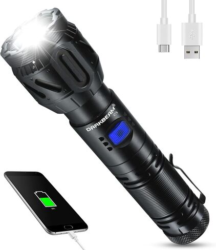 مصباح يدوي DARKBEAM LED لومن عالي، قابل لإعادة الشحن 900,000 لومن فائق السطوع، شحن متنقل في حالات الطوارئ - 5 أوضاع، قابل للتركيز، مقاوم للماء، يدوم طويلاً - ضوء فلاش للتخييم محمول لانقطاع الطاقة in Saudi Arabia