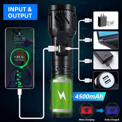 مصباح يدوي DARKBEAM LED لومن عالي، قابل لإعادة الشحن 900,000 لومن فائق السطوع، شحن متنقل في حالات الطوارئ - 5 أوضاع، قابل للتركيز، مقاوم للماء، يدوم طويلاً - ضوء فلاش للتخييم محمول لانقطاع الطاقة in Saudi Arabia