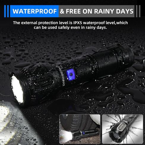 مصباح يدوي DARKBEAM LED لومن عالي، قابل لإعادة الشحن 900,000 لومن فائق السطوع، شحن متنقل في حالات الطوارئ - 5 أوضاع، قابل للتركيز، مقاوم للماء، يدوم طويلاً - ضوء فلاش للتخييم محمول لانقطاع الطاقة in Saudi Arabia