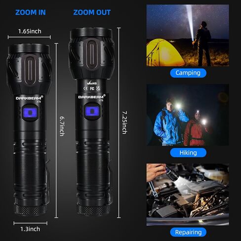 مصباح يدوي DARKBEAM LED لومن عالي، قابل لإعادة الشحن 900,000 لومن فائق السطوع، شحن متنقل في حالات الطوارئ - 5 أوضاع، قابل للتركيز، مقاوم للماء، يدوم طويلاً - ضوء فلاش للتخييم محمول لانقطاع الطاقة in Saudi Arabia