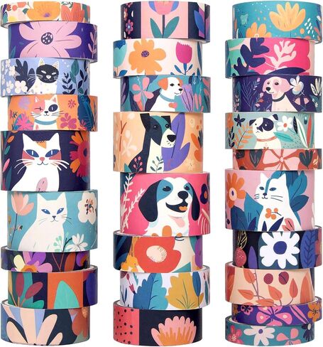 Cute Washi Tape Set, 27 Rolls Masking Tape with Cat, Dog, Flower, Colorful Washi Tape for Journaling Aesthetic, Scrapbooking, Planner, Kids' Crafts, 8mm, 15mm, 25mm in Saudi Arabia