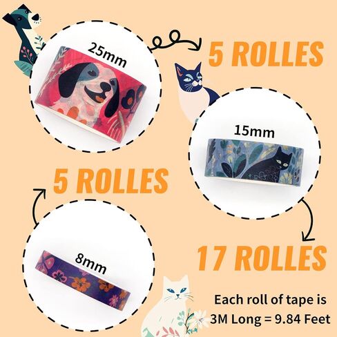 Cute Washi Tape Set, 27 Rolls Masking Tape with Cat, Dog, Flower, Colorful Washi Tape for Journaling Aesthetic, Scrapbooking, Planner, Kids' Crafts, 8mm, 15mm, 25mm in Saudi Arabia