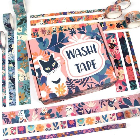 Cute Washi Tape Set, 27 Rolls Masking Tape with Cat, Dog, Flower, Colorful Washi Tape for Journaling Aesthetic, Scrapbooking, Planner, Kids' Crafts, 8mm, 15mm, 25mm in Saudi Arabia