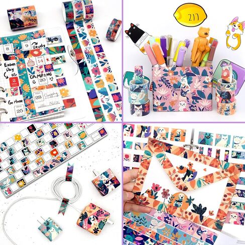 Cute Washi Tape Set, 27 Rolls Masking Tape with Cat, Dog, Flower, Colorful Washi Tape for Journaling Aesthetic, Scrapbooking, Planner, Kids' Crafts, 8mm, 15mm, 25mm in Saudi Arabia