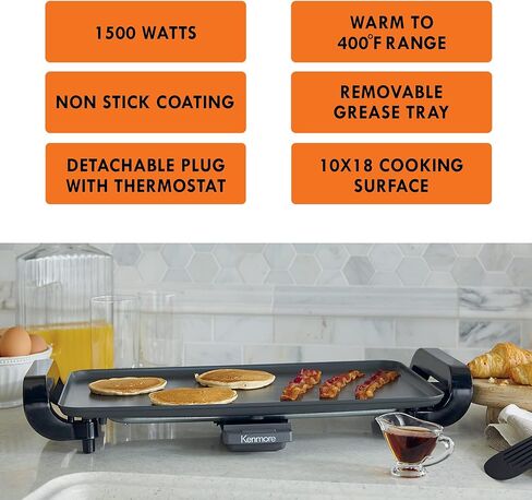 Kenmore Non-Stick Electric Griddle with Removable Drip Tray, Black, 10" x 18" Cooking Surface, Compact Countertop Cooking, Grill, Saute, Fry in Kuwait