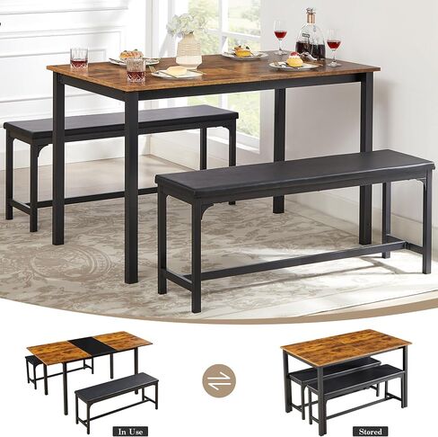 VECELO 3-Piece 63" Extendable Kitchen Table with Benches/Chairs Modern Breakfast Dinette/Dining Room Set for 4/6/2, Small Space Saving Design, Easy Assembly, Retro in Kuwait