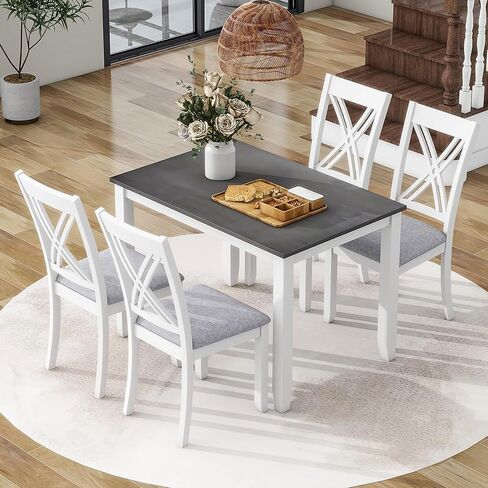 Voohek 5 Piece Dining Table Set with 4 Upholstered Chairs, Comfortable Seat Cushion, Kitchen Furniture w/Double X-Back Design, for Small Place, Home, Restaurant, Gray in Kuwait
