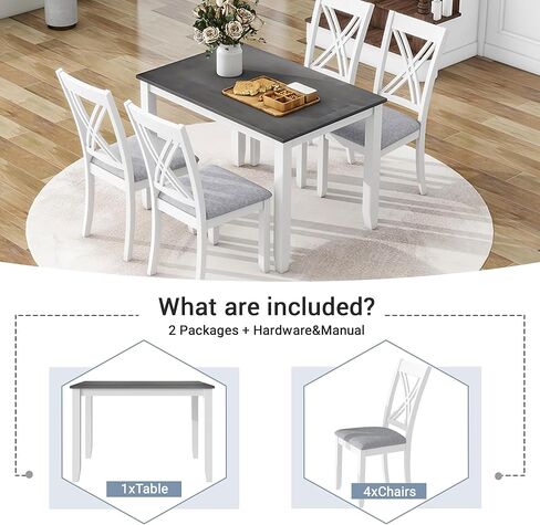 Voohek 5 Piece Dining Table Set with 4 Upholstered Chairs, Comfortable Seat Cushion, Kitchen Furniture w/Double X-Back Design, for Small Place, Home, Restaurant, Gray in Kuwait