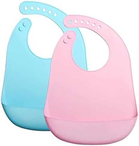 Silicone Bibs, Waterproof Soft Bibs for Babies & Toddlers, Baby Bibs Adjustable for 6-27 Months Eating, 2 Pack Stain Resistant Silicone Baby Bib in Saudi Arabia