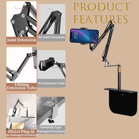 Phone Holder Stand for Bed Desk, Hidden Cell Phone Holder for Bed Laying Down, Flexible Carbon Steel Arm Adjustable Bedside Phone Holder for Bed,Sofa and Desk,for All 4.92-8.85'' Smartphones in Saudi Arabia