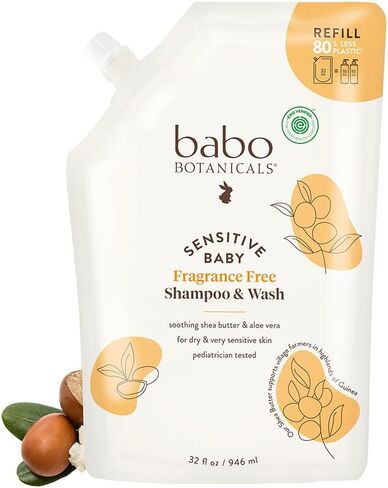 Babo Botanicals Sensitive Baby Fragrance-Free 2-in-1 Shampoo & Wash - Shea Butter, Calendula & Aloe Vera - EWG Verified - Cruelty-Free - Vegan - Pediatrician Tested - For Babies & Kids in Kuwait
