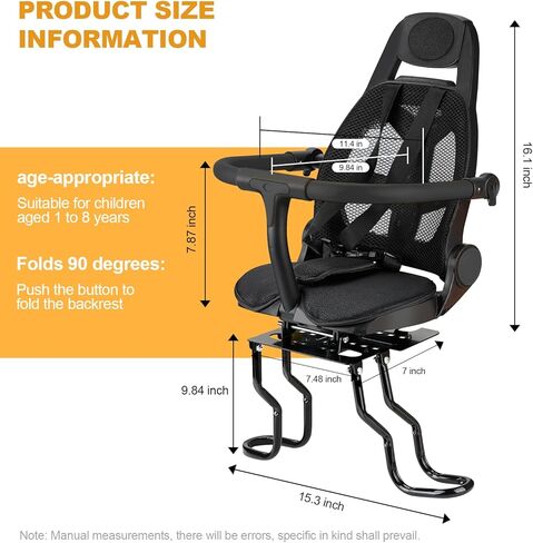 Rear Child Bike Seat, Adjustable Backrest Rear Bike Seat, Foldable and Rotatable Rear Mounted Child Bike Seat, New Comfortable Child Rear Seat, Suitable for Most Bicycle Rear Frames; in Kuwait