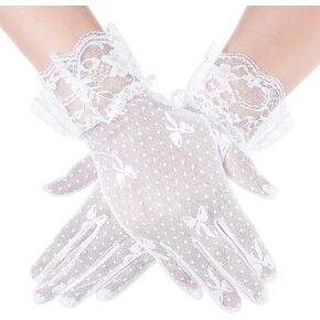 Women's Lace Gloves for Tea Party White Lace Women Wedding Tea Party Gloves for Bride Transparent Tulle Bow Short White Dress Mitten Flower Floral Tulle Evening Elegant Bridal Accessories for Dinner in Kuwait