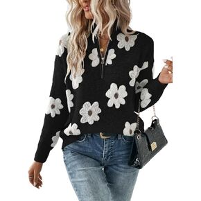 SOLY HUX Women's Floral Pattern Sweater Half Zip Drop Shoulder Long Sleeve Pullover Tops in Saudi Arabia