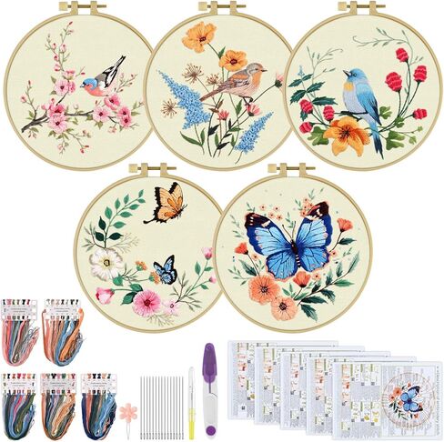 erkoon 5 مجموعات عدة التطريز للمبتدئين، الطيور الطنانة والزهرة عبر غرزة مجموعة لتشمل التطريز القماش الأطواق المواضيع لمحبي الحرف اليدوية غرزة اليد مع تقنيات مهارة التطريز in Kuwait