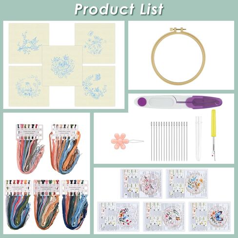 erkoon 5 مجموعات عدة التطريز للمبتدئين، الطيور الطنانة والزهرة عبر غرزة مجموعة لتشمل التطريز القماش الأطواق المواضيع لمحبي الحرف اليدوية غرزة اليد مع تقنيات مهارة التطريز in Kuwait