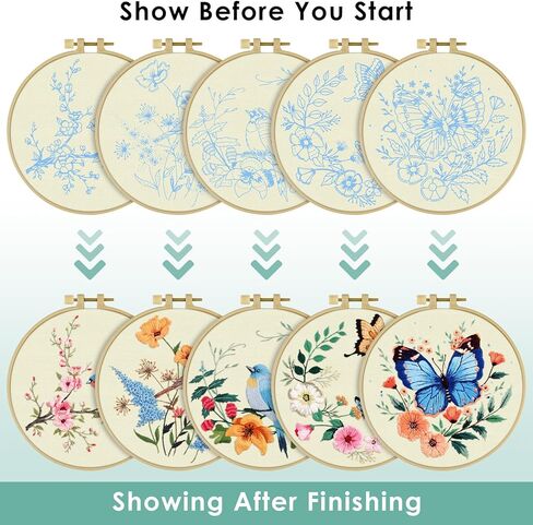 erkoon 5 مجموعات عدة التطريز للمبتدئين، الطيور الطنانة والزهرة عبر غرزة مجموعة لتشمل التطريز القماش الأطواق المواضيع لمحبي الحرف اليدوية غرزة اليد مع تقنيات مهارة التطريز in Kuwait