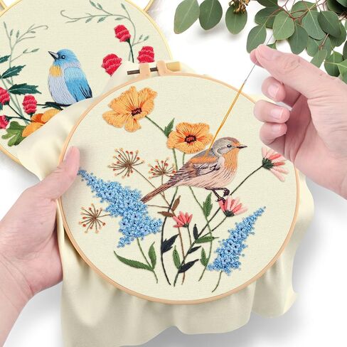 erkoon 5 مجموعات عدة التطريز للمبتدئين، الطيور الطنانة والزهرة عبر غرزة مجموعة لتشمل التطريز القماش الأطواق المواضيع لمحبي الحرف اليدوية غرزة اليد مع تقنيات مهارة التطريز in Kuwait