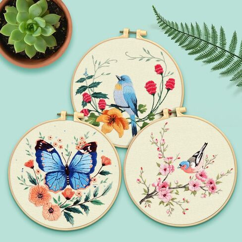 erkoon 5 مجموعات عدة التطريز للمبتدئين، الطيور الطنانة والزهرة عبر غرزة مجموعة لتشمل التطريز القماش الأطواق المواضيع لمحبي الحرف اليدوية غرزة اليد مع تقنيات مهارة التطريز in Kuwait