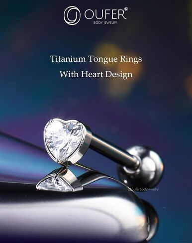OUFER Titanium Tongue Piercing Jewelry, 14G Internaly Thread Tongue Rings for Women, Clear CZ Heart Shaped Body Piercing Jewelry-16mm in Saudi Arabia