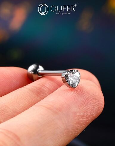 OUFER Titanium Tongue Piercing Jewelry, 14G Internaly Thread Tongue Rings for Women, Clear CZ Heart Shaped Body Piercing Jewelry-16mm in Saudi Arabia