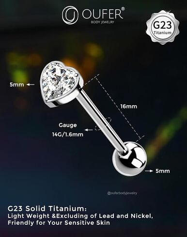 OUFER Titanium Tongue Piercing Jewelry, 14G Internaly Thread Tongue Rings for Women, Clear CZ Heart Shaped Body Piercing Jewelry-16mm in Saudi Arabia