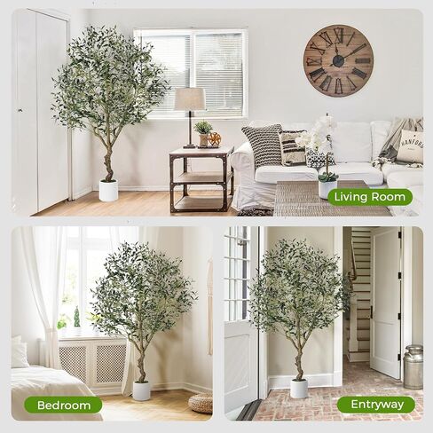 Olive Trees Artificial Indoor, 6FT Tall Faux Olive Tree with White Tall Planter, Artificial Plants with Natural Wood Trunk and Lifelike Fruits for Home Office Decor, 1 Pack in Kuwait