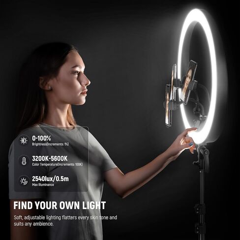 NEEWER 19" RGB LED Ring Light with Stand, 3 Phone Holders, Touch Panel, 2.4G/App Control, 42W CRI97+ 2800lux/0.5m 360° Hue Dimmable Professional Lighting for Makeup Live Streaming Zoom Calls, RP19C in Kuwait