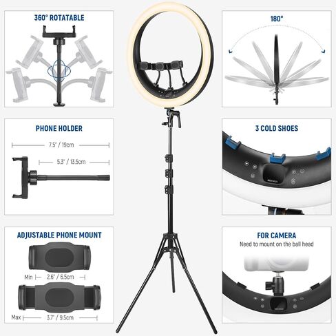 NEEWER 19" RGB LED Ring Light with Stand, 3 Phone Holders, Touch Panel, 2.4G/App Control, 42W CRI97+ 2800lux/0.5m 360° Hue Dimmable Professional Lighting for Makeup Live Streaming Zoom Calls, RP19C in Kuwait