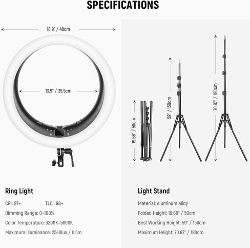 NEEWER 19" RGB LED Ring Light with Stand, 3 Phone Holders, Touch Panel, 2.4G/App Control, 42W CRI97+ 2800lux/0.5m 360° Hue Dimmable Professional Lighting for Makeup Live Streaming Zoom Calls, RP19C in Kuwait