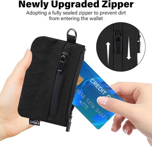 Small Wallet with 2 Invisible Zipper Pockets&Lanyard&Keychain Water Resistant ID Case Card Holder Coin Purse Badge Pouch for Boys Girls Women Men Travel Sports Outdoor - Black in Kuwait