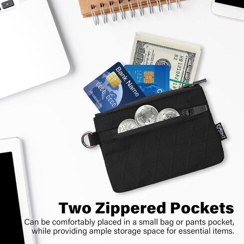 Small Wallet with 2 Invisible Zipper Pockets&Lanyard&Keychain Water Resistant ID Case Card Holder Coin Purse Badge Pouch for Boys Girls Women Men Travel Sports Outdoor - Black in Kuwait