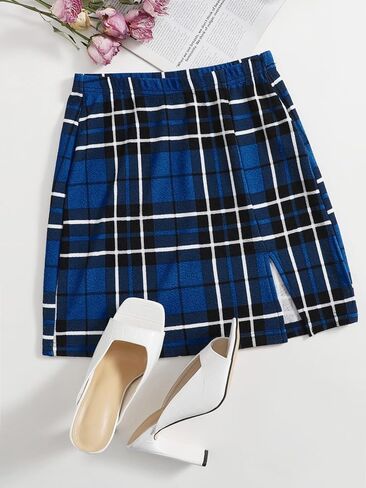 Milumia Women's Plaid Print Bodycon Mini Skirt Vintage High Waist Pencil Slit Hem Skirts in Saudi Arabia