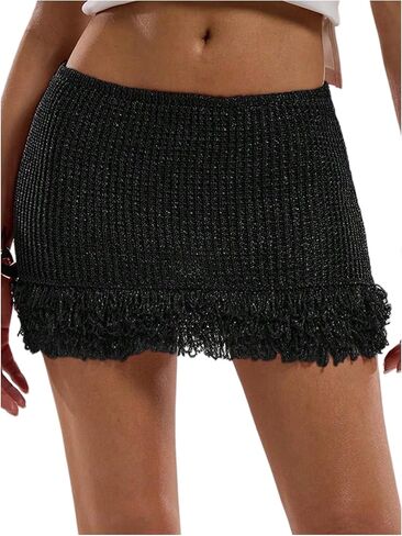 تنانير SweatyRocks النسائية ذات الهامش Bodycon القصيرة Y2K Boho تنورة محبوكة منخفضة الخصر ملابس الشارع in Kuwait