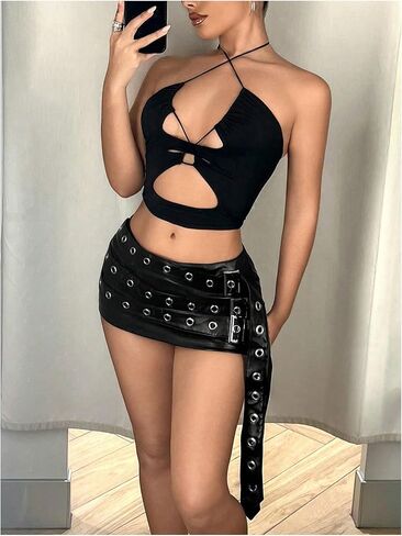 MakeMeChic Women's PU Leather Buckle Bodycon Mini Skirt Grommet Eyelet Summer Y2K Party Short Skirts in Saudi Arabia