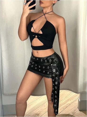 MakeMeChic Women's PU Leather Buckle Bodycon Mini Skirt Grommet Eyelet Summer Y2K Party Short Skirts in Saudi Arabia