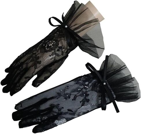 Lace Mesh Bow Gloves for Women Formal Short Tea Party Sheer Tulle Gloves for Costume Wedding Opera Halloween in Kuwait