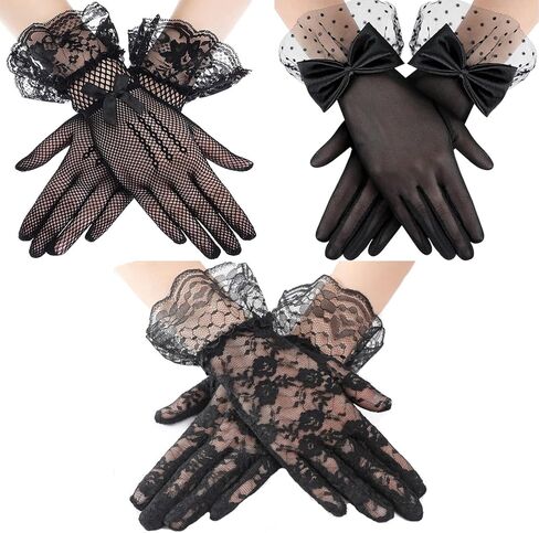 3 أزواج من قفازات الدانتيل النسائية، قفازات كلاسيكية قصيرة على شكل فيونكة لحفلات الشاي وحفلات الزفاف والهالوين in Kuwait