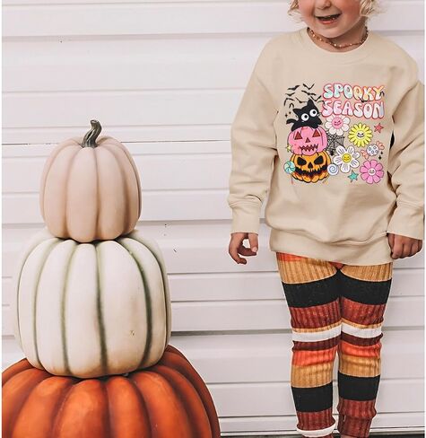 CM C&M WODRO Toddler Girl Halloween Crewneck Sweatshirt Spooky Season Shirt Long Sleeve Pumpkin Cat Graphic Kid Pullover Tops in Saudi Arabia