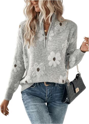 SOLY HUX Women's Floral Pattern Sweater Half Zip Drop Shoulder Long Sleeve Pullover Tops in Saudi Arabia