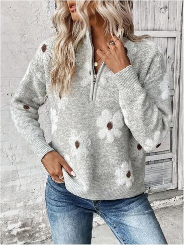 SOLY HUX Women's Floral Pattern Sweater Half Zip Drop Shoulder Long Sleeve Pullover Tops in Saudi Arabia