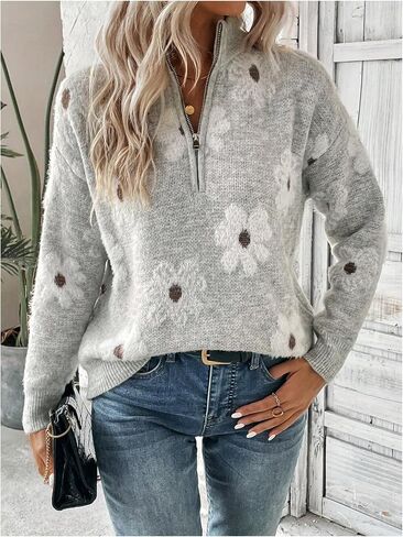 SOLY HUX Women's Floral Pattern Sweater Half Zip Drop Shoulder Long Sleeve Pullover Tops in Saudi Arabia