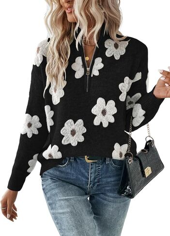 SOLY HUX Women's Floral Pattern Sweater Half Zip Drop Shoulder Long Sleeve Pullover Tops in Saudi Arabia