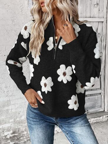SOLY HUX Women's Floral Pattern Sweater Half Zip Drop Shoulder Long Sleeve Pullover Tops in Saudi Arabia