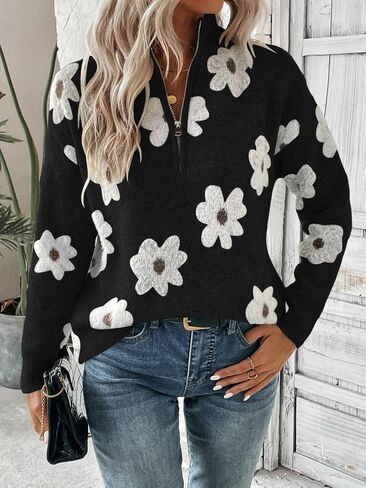 SOLY HUX Women's Floral Pattern Sweater Half Zip Drop Shoulder Long Sleeve Pullover Tops in Saudi Arabia